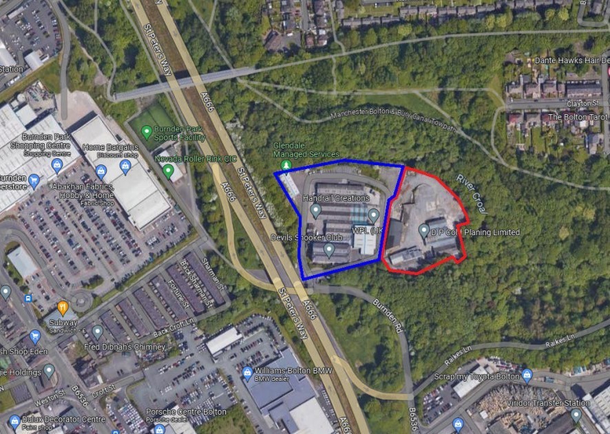 An aerial view of the site next to St Peters Way with the DP Cold Planing site bordered in red