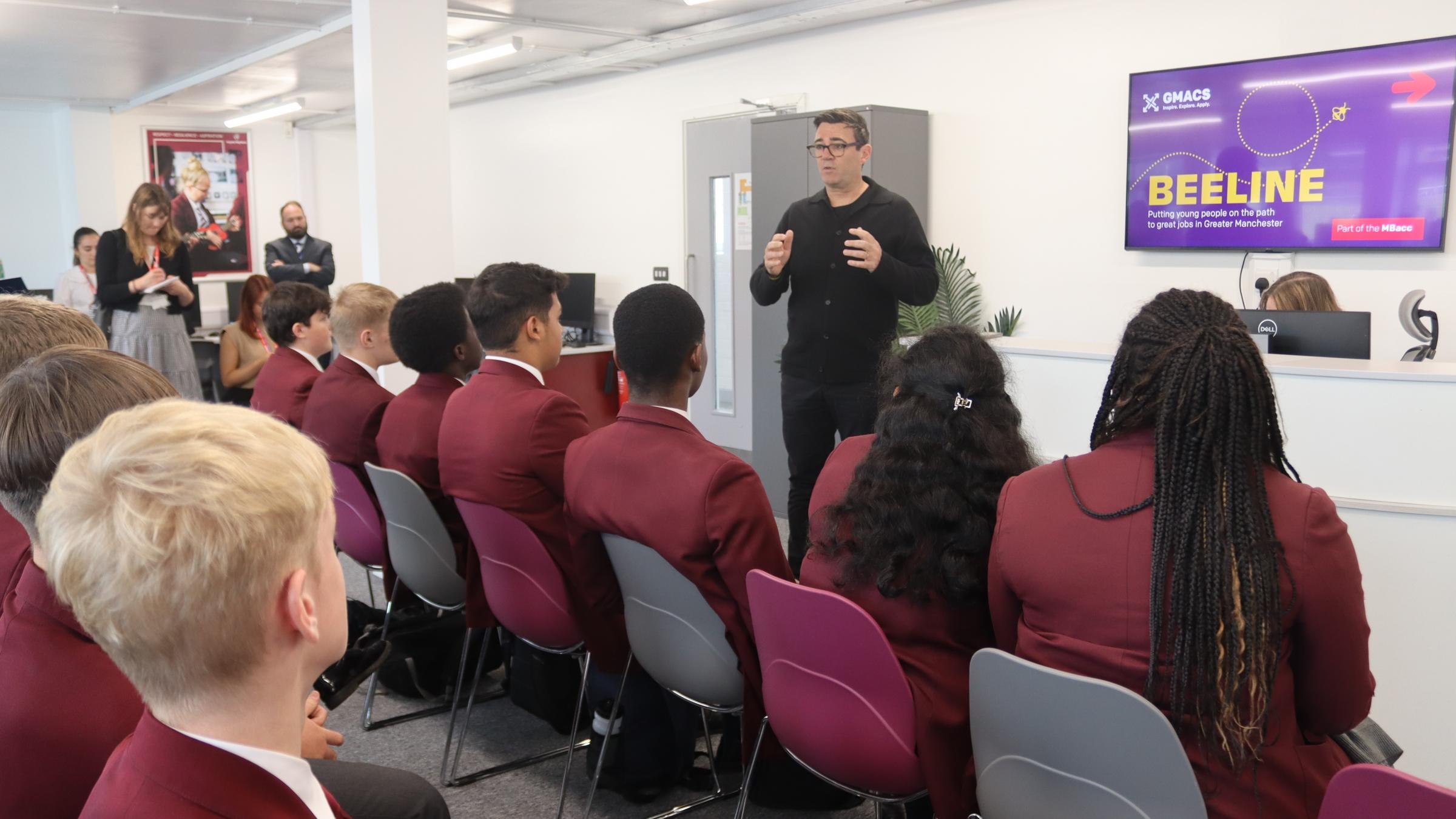 Andy Burnham on his visit to Rayner Stephens High School in Tameside to announce the Beeline platform, part of the MBacc (Picture: GMCA)